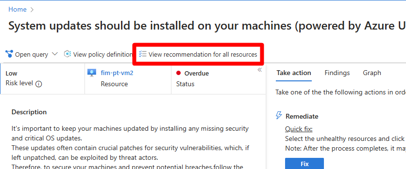 Screenshot that shows where the view recommendation for all resources button is located.