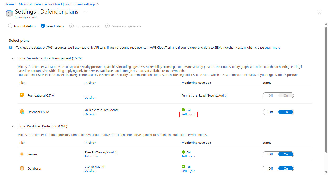 Screenshot that shows an AWS account and the Defender CSPM plan enabled and where the settings button is located.