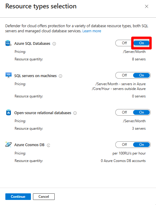 Screenshot that shows you where to select, to enable the Azure SQL Databases plan.