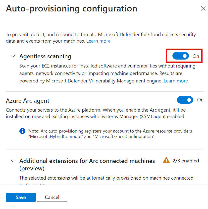 Screenshot of the agentless scanning status for AWS accounts.