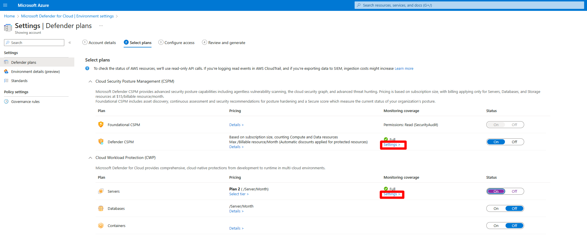 Screenshot of link for the settings of the Defender plans for AWS accounts.
