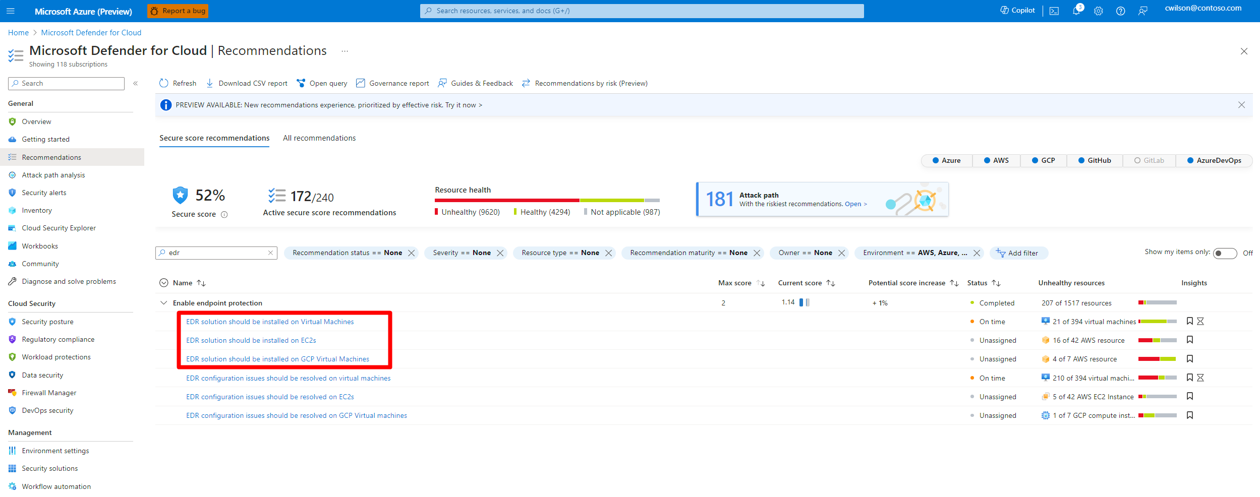 Screenshot of the recommendations page showing the identified endpoint solution recommendations.