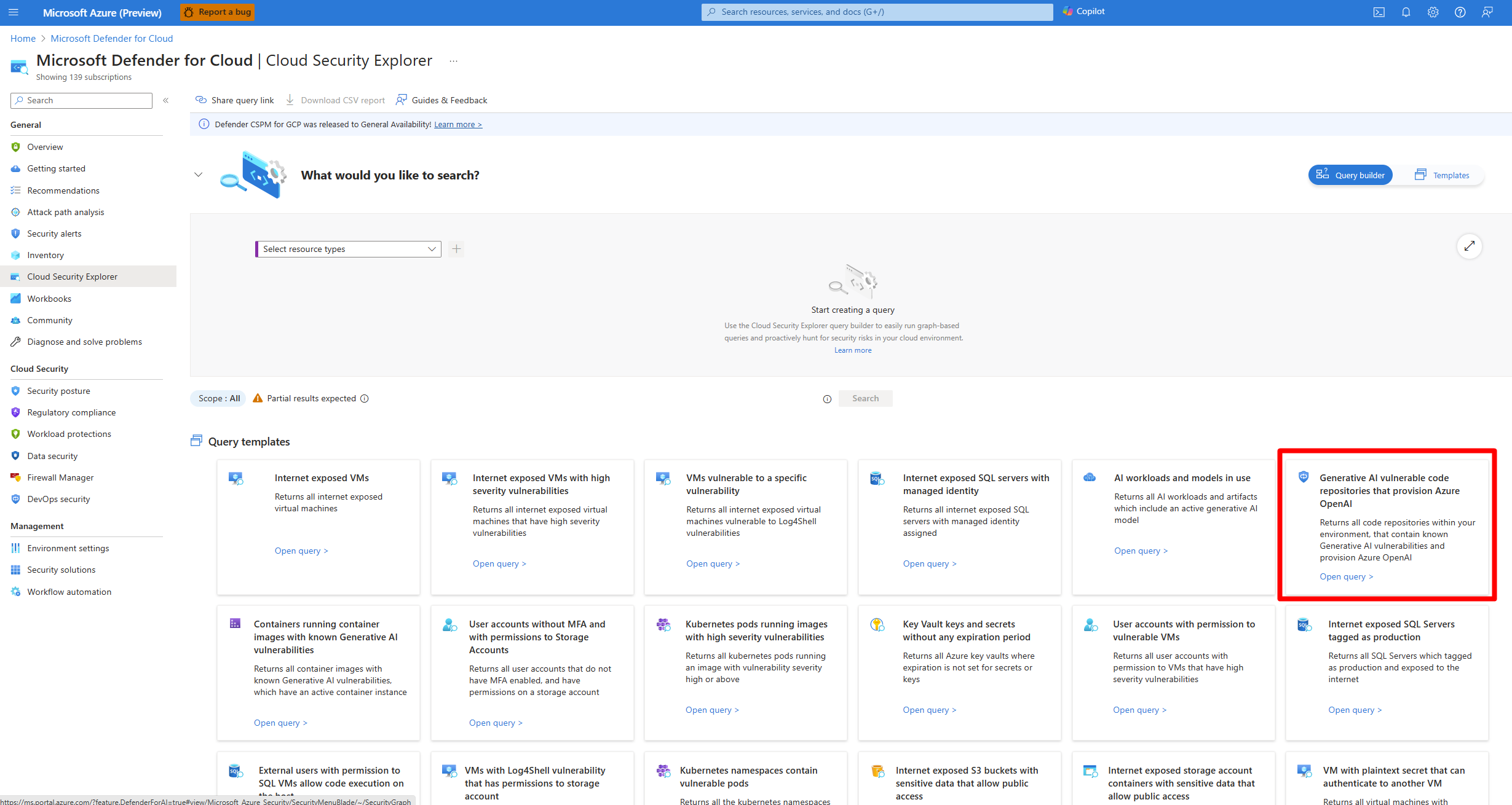 Screenshot that shows where to locate the generative AI vulnerable code repositories query.