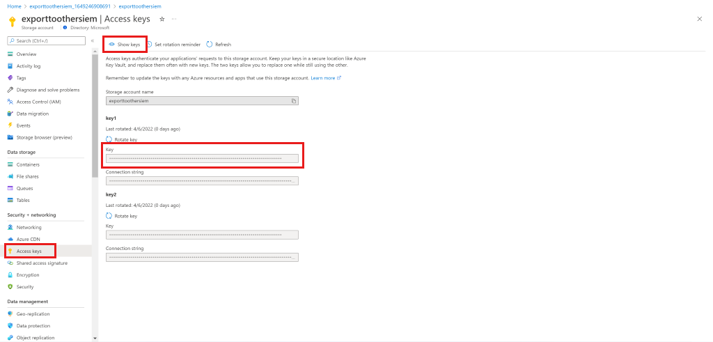 Screenshot of copying storage account key.