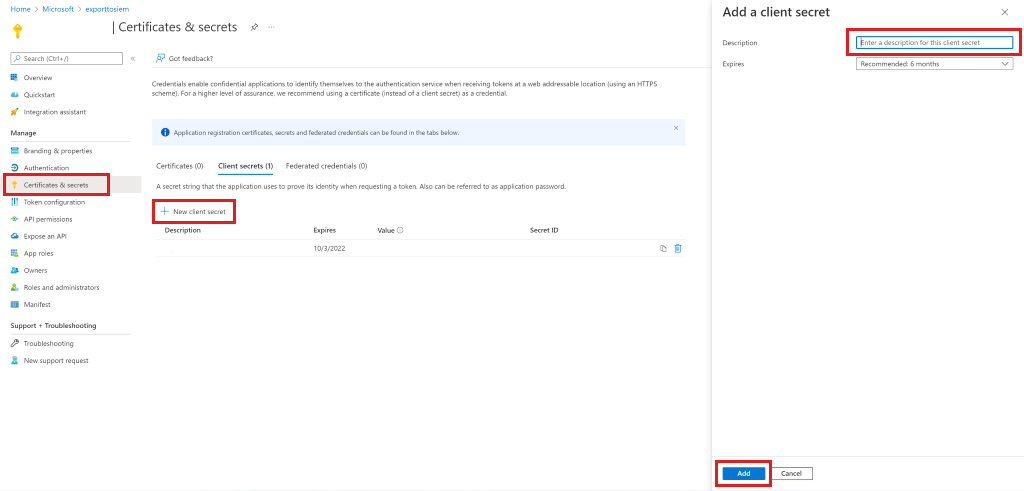 Screenshot of creating client secret.