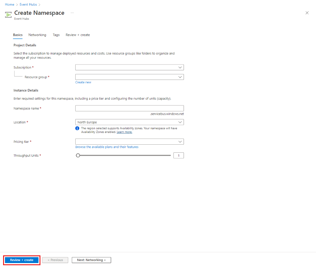 Screenshot of creating an Event Hubs namespace in Microsoft Event Hubs.
