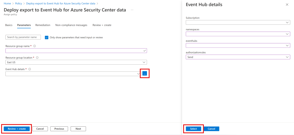 Screenshot of parameters for the export policy.