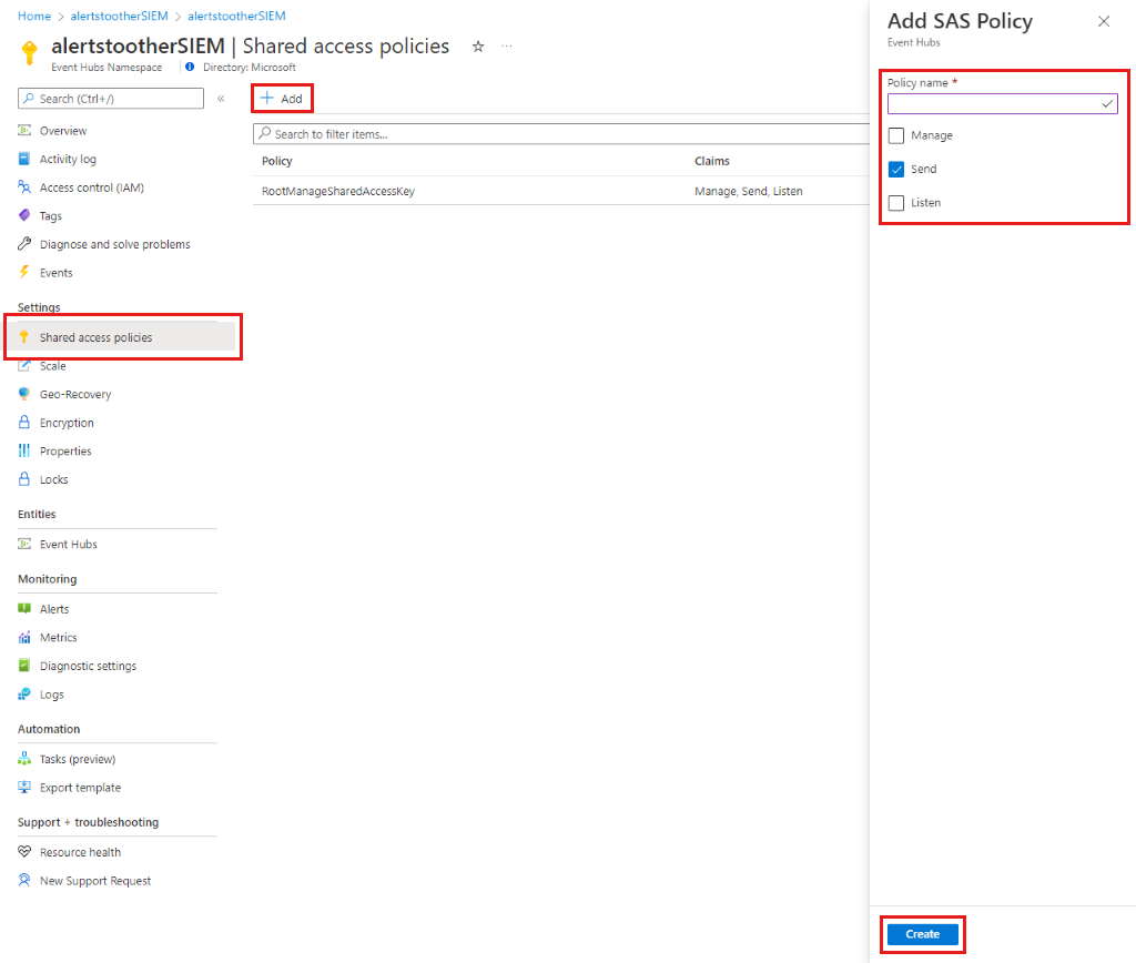 Screenshot of creating a shared policy in Microsoft Event Hubs.