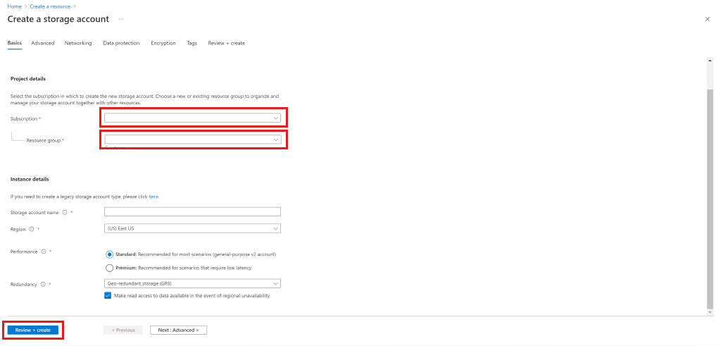 Screenshot of creating storage account.