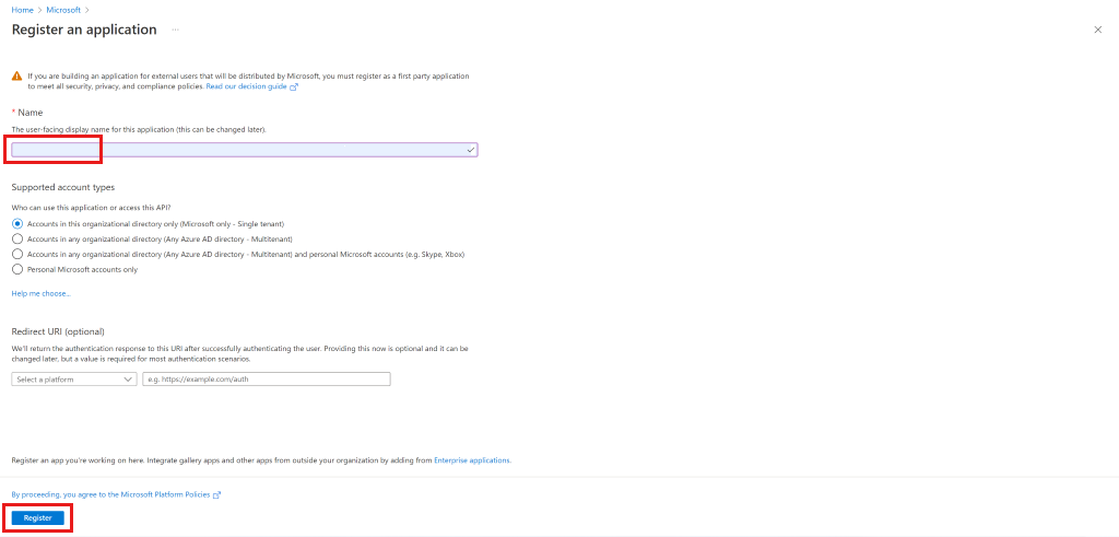 Screenshot of registering application.
