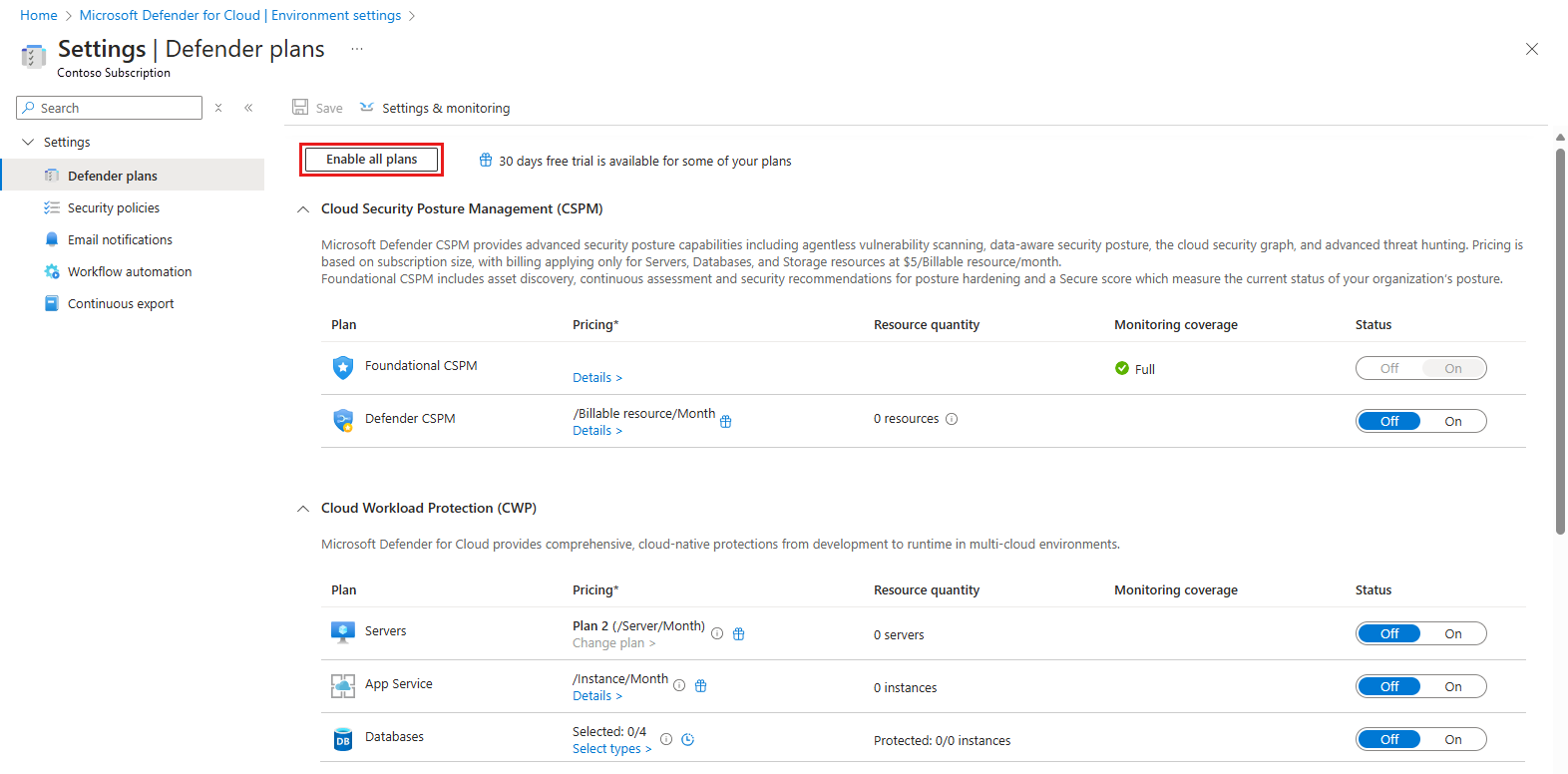 Screenshot that shows where the enable button is located on the plans page.