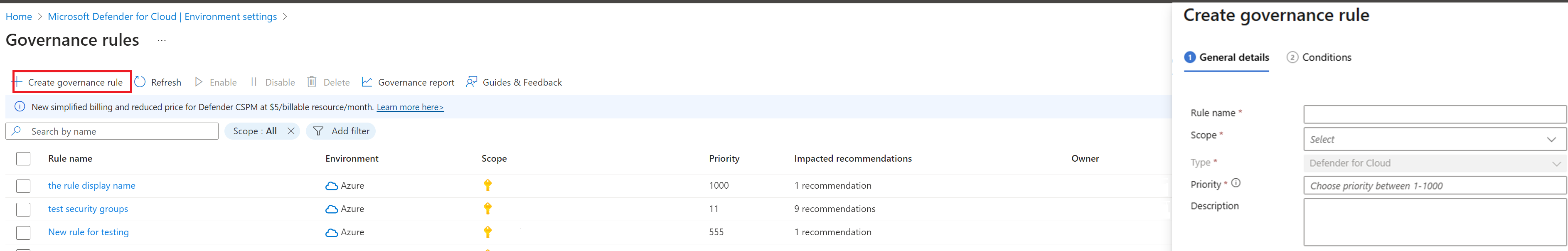 Screenshot that shows the page where you add a governance rule.