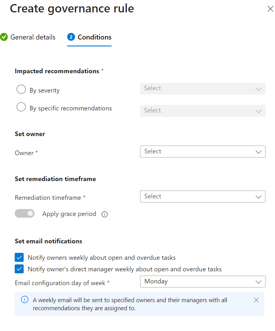 Screenshot that shows the page where you add conditions for a governance rule.