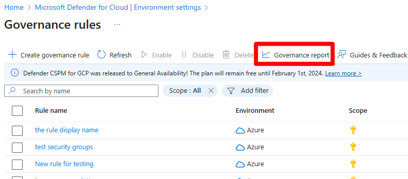 Screenshot that shows the Governance rules page where the Governance report button is located.