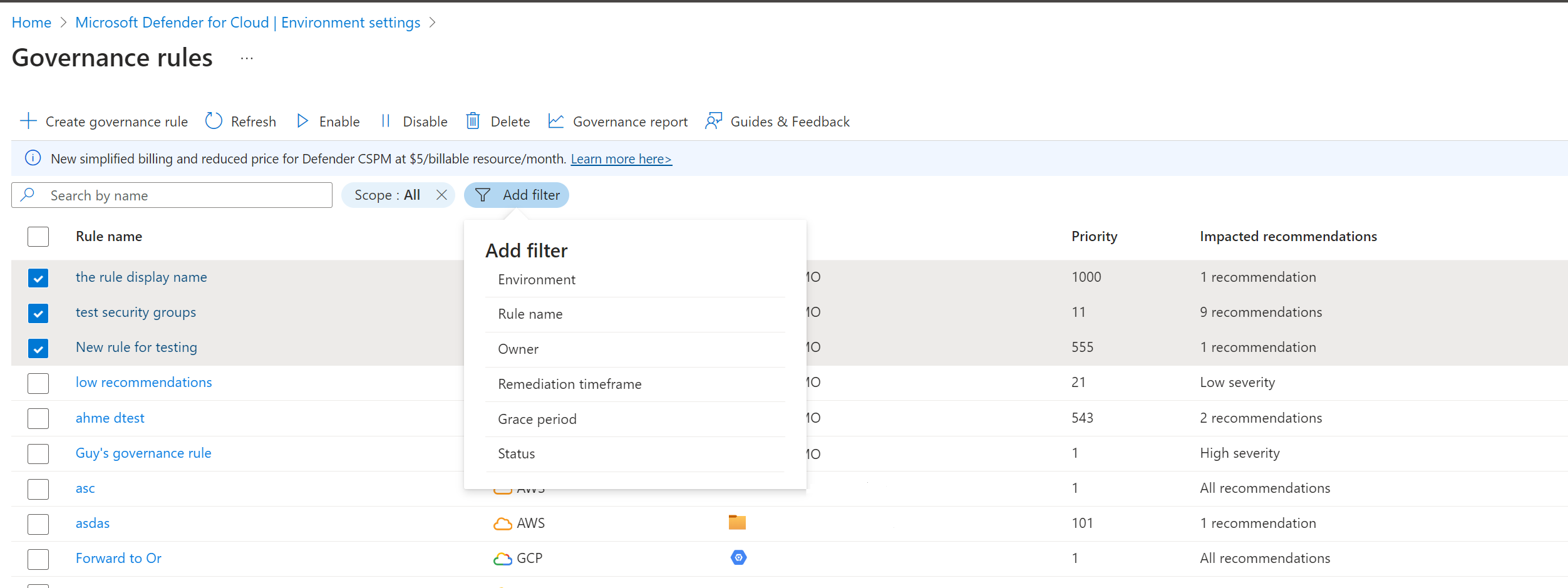 Screenshot that shows the page where you can view and filter rules.