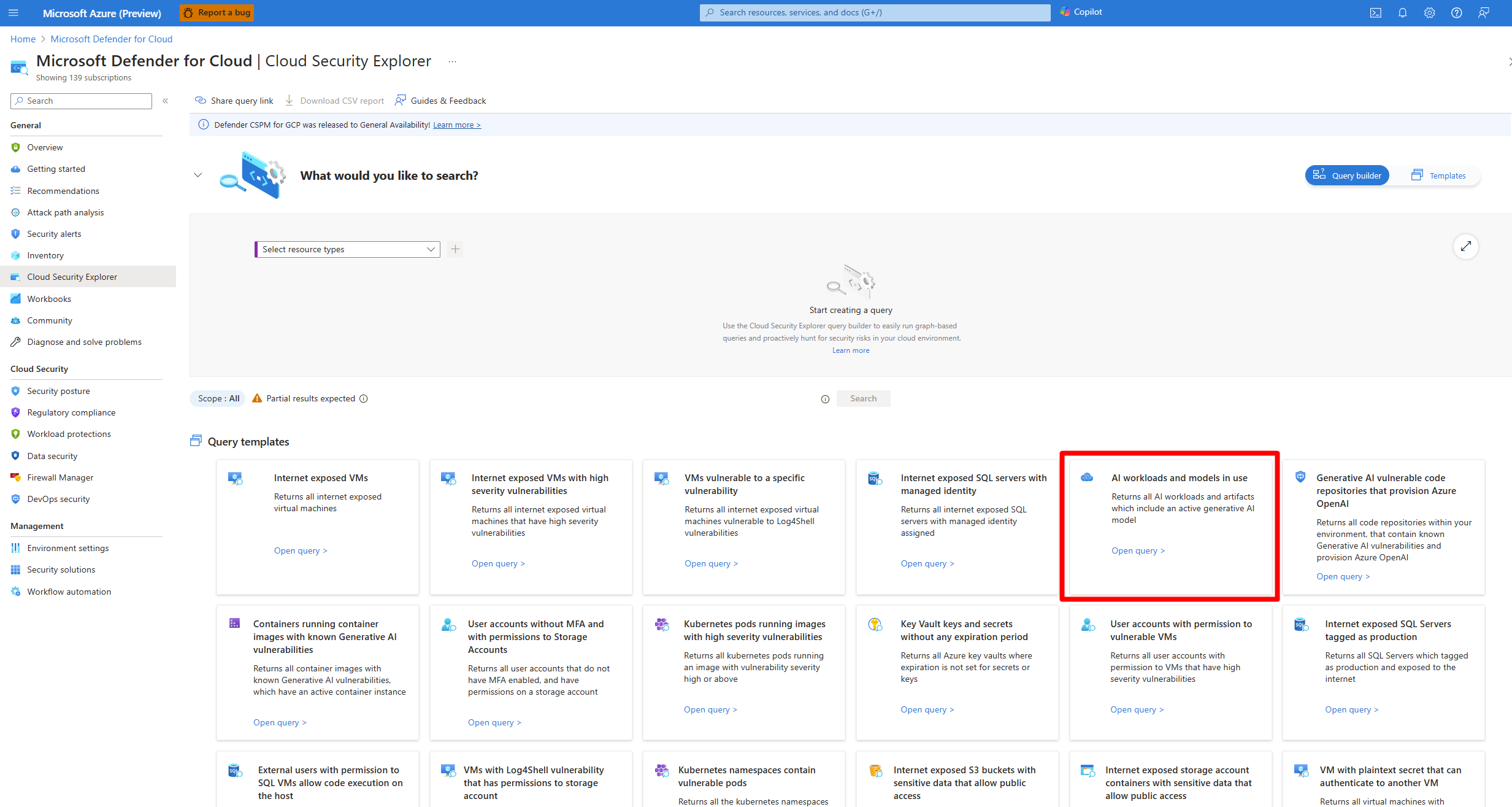 Screenshot that shows where to locate the AI workloads and models in use query template in the Cloud Security Explorer page.