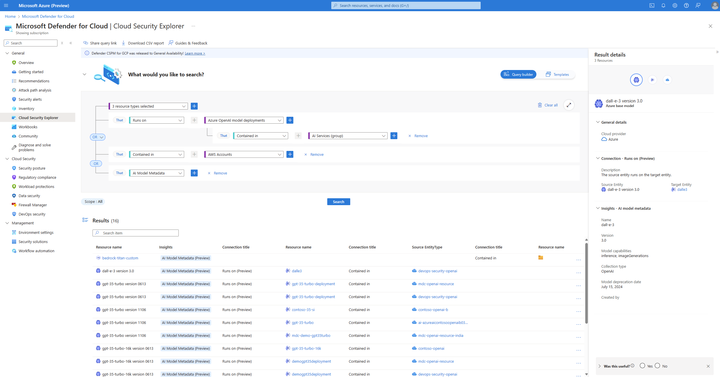 Screenshot of the results of the query with one of the results selected and the results detail pane open.