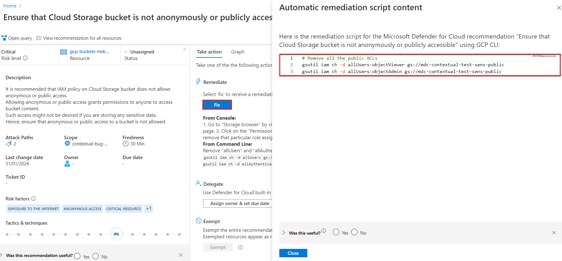 Screenshot that shows recommendations with the automated remediation script.