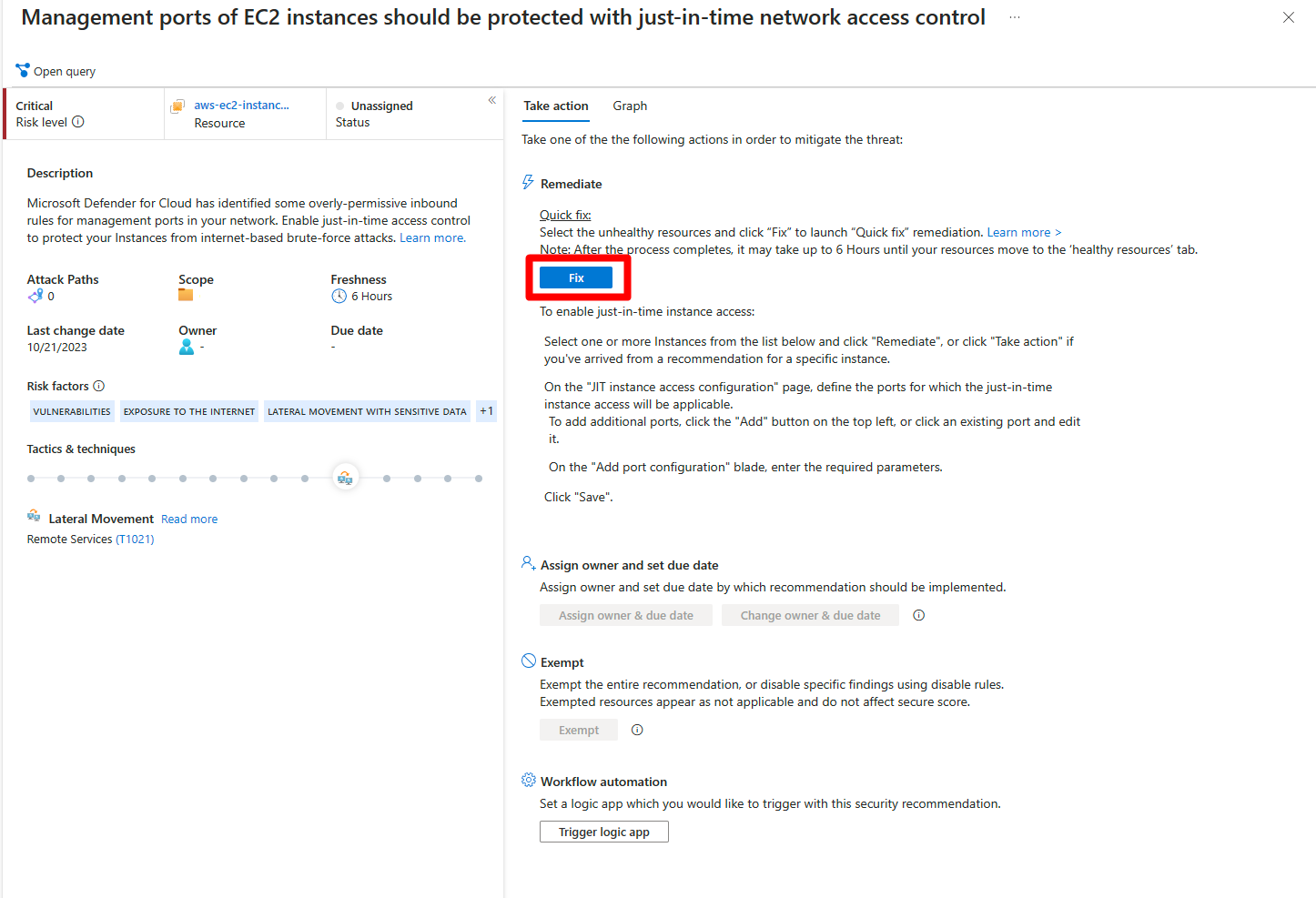 Screenshot that shows recommendations with the Fix action.