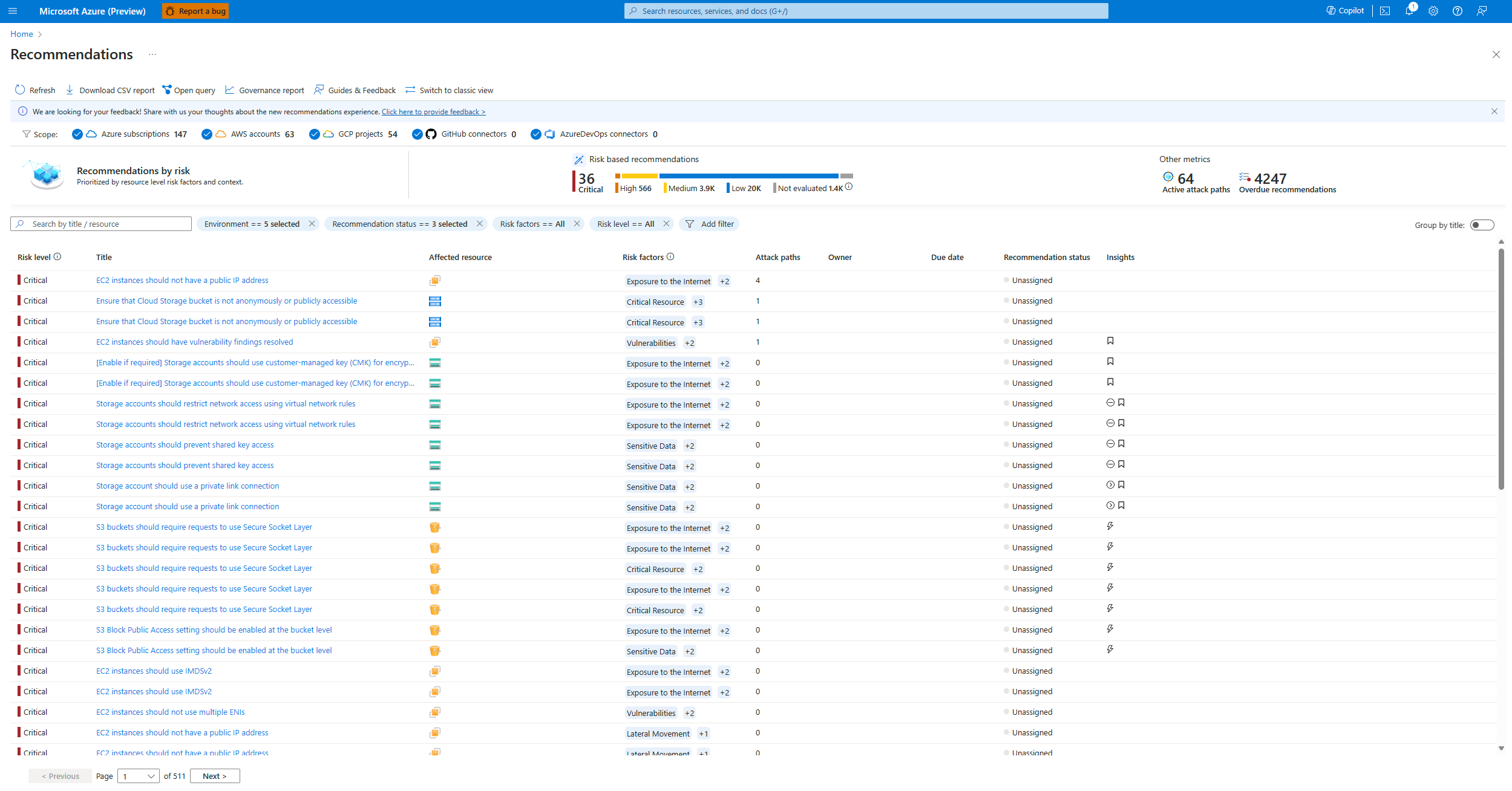 Screenshot of the recommendations page that shows all the affected resources by their risk level.