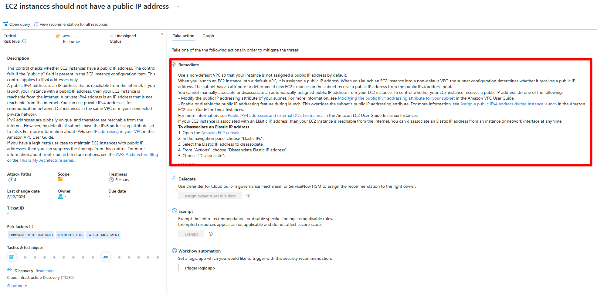Screenshot that shows manual remediation steps for a recommendation.