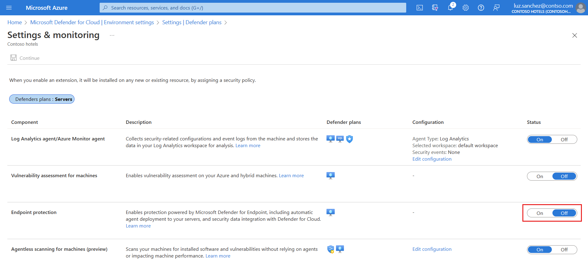Screenshot of Status toggle that enables Microsoft Defender for Endpoint.