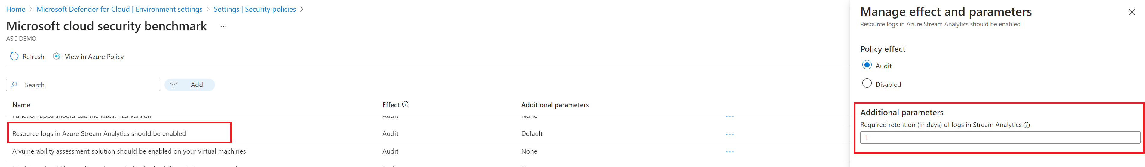 Screenshot showing how to configure additional parameters on the manage effect and parameters screen.