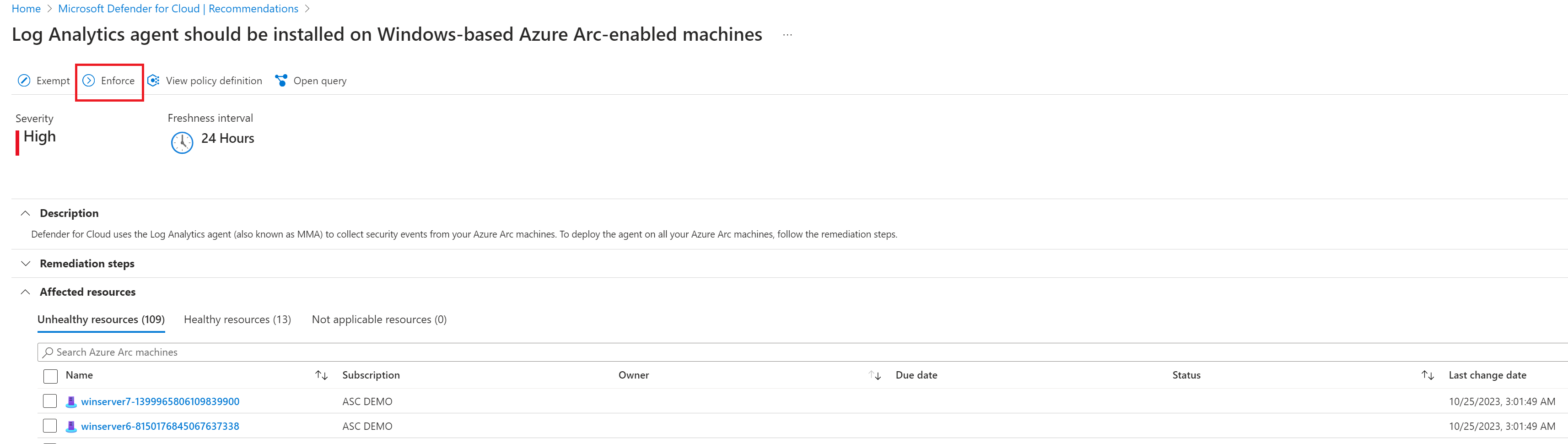 Screenshot showing how to enforce a given recommendation.