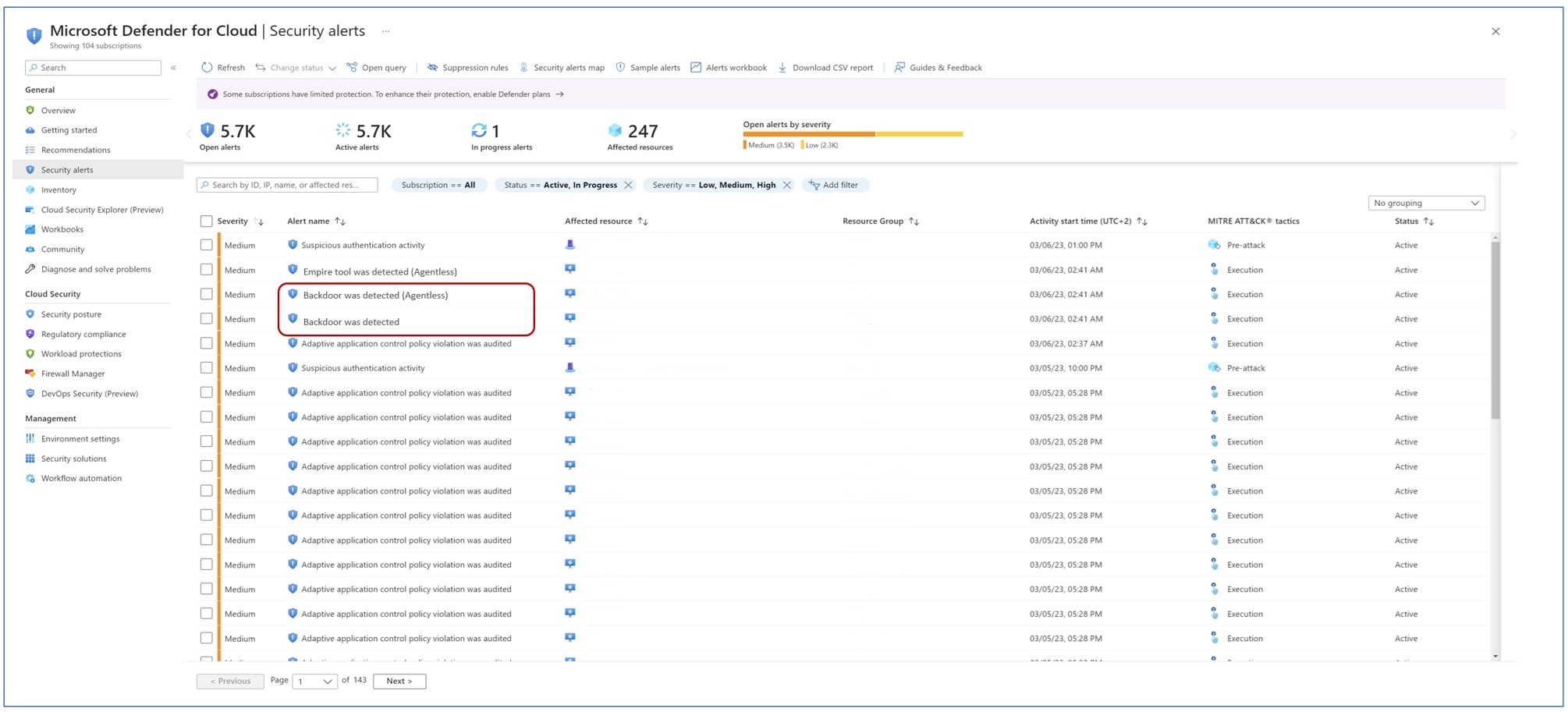 Screenshot of the security alerts page that shows the results of both the agent-based and agentless scan results.