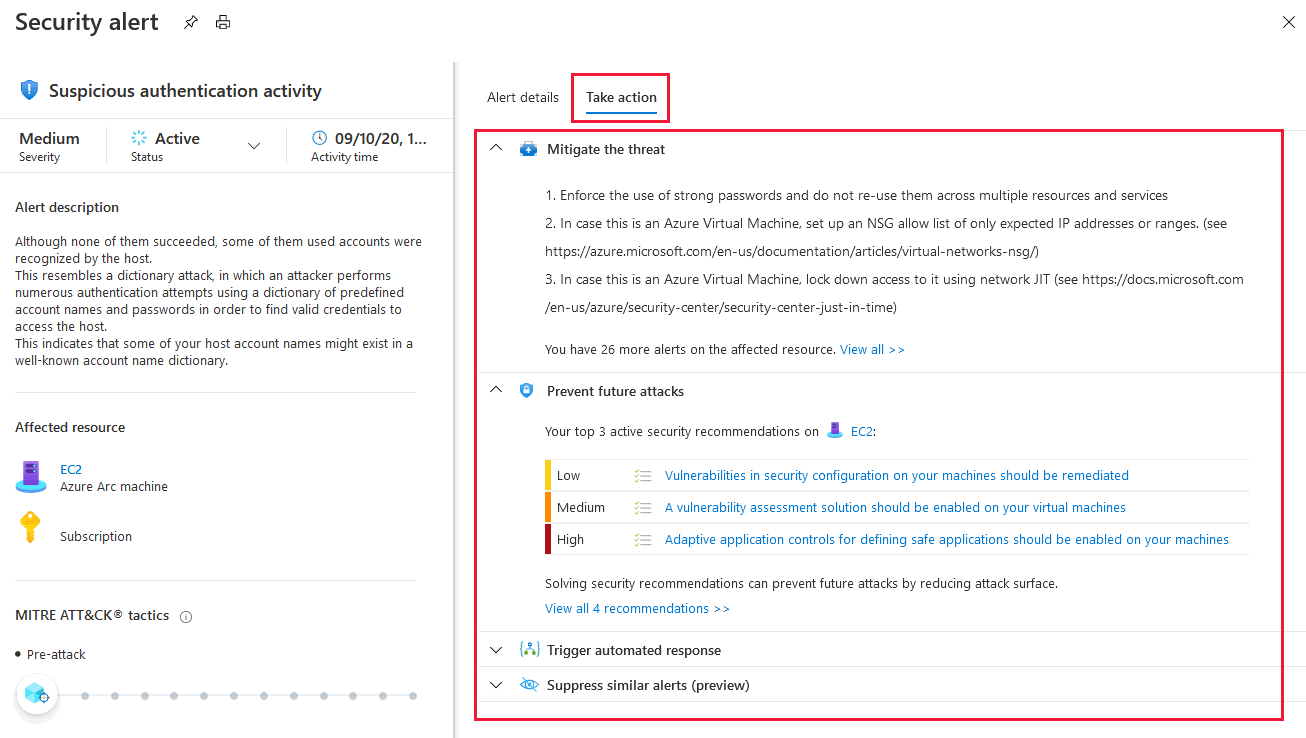 Screenshot of the security alerts take action tab.
