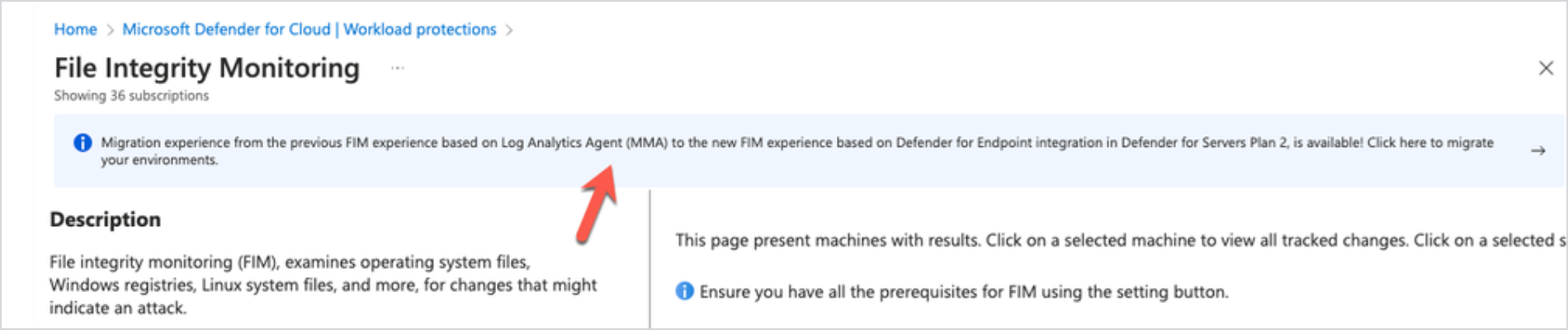 Screenshot showing the migrate button in the Defender for Cloud banner.