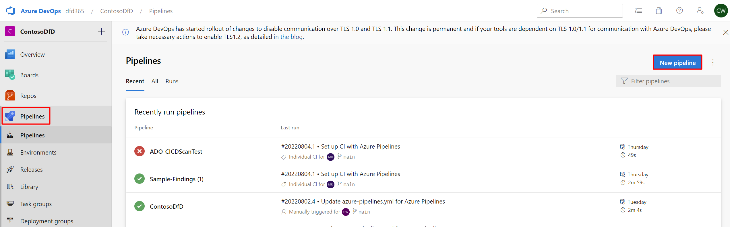Screenshot showing where to locate create pipeline in DevOps.