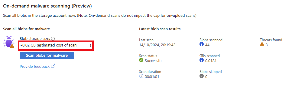 Screenshot of the estimated cost for on-demand malware scanning.