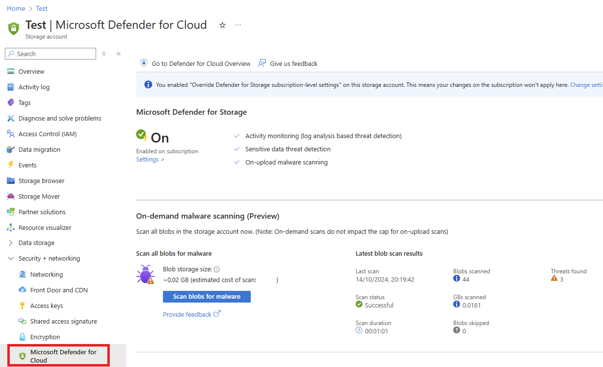 Screenshot of how to select Defender for Cloud in your storage account.