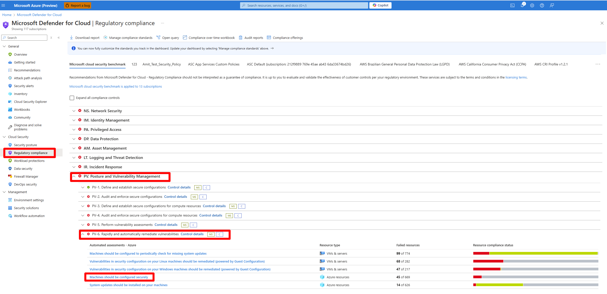 Screenshot of the regulatory compliance dashboard that shows where one of the MMA recommendations exist.