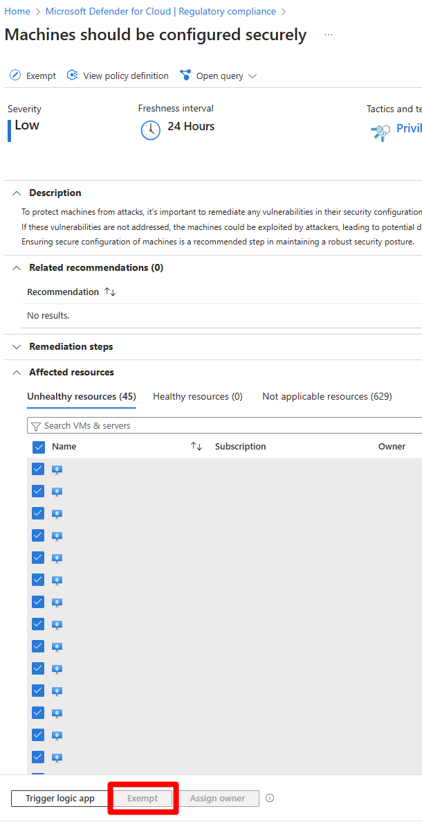 Screenshot that shows you how to select machines and exempt them.