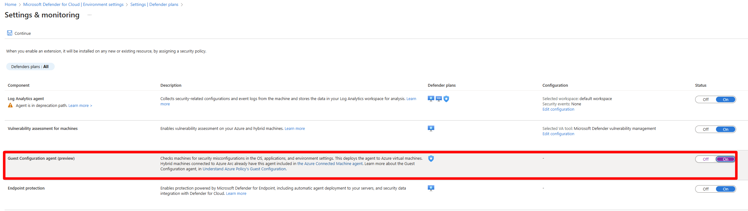 Screenshot that shows the location of the toggle button to enable the Guest Configuration agent.