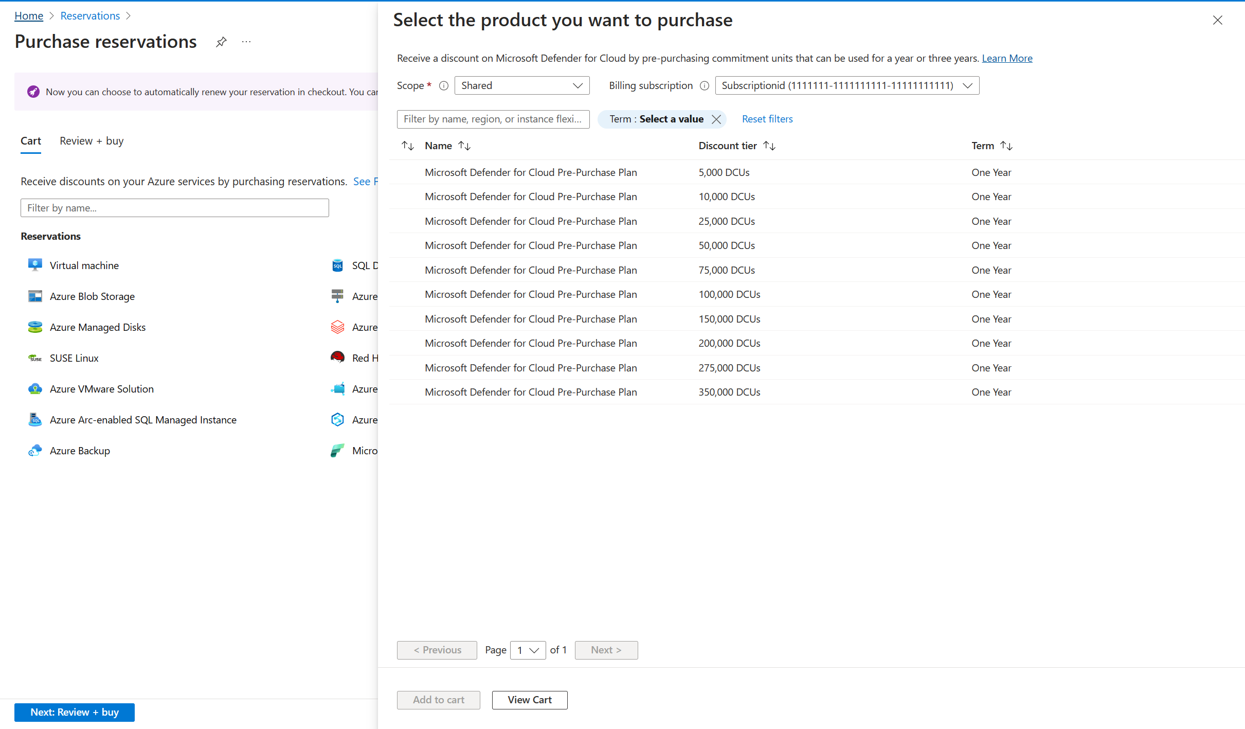 Screenshot of purchase reservations for Defender for Cloud.
