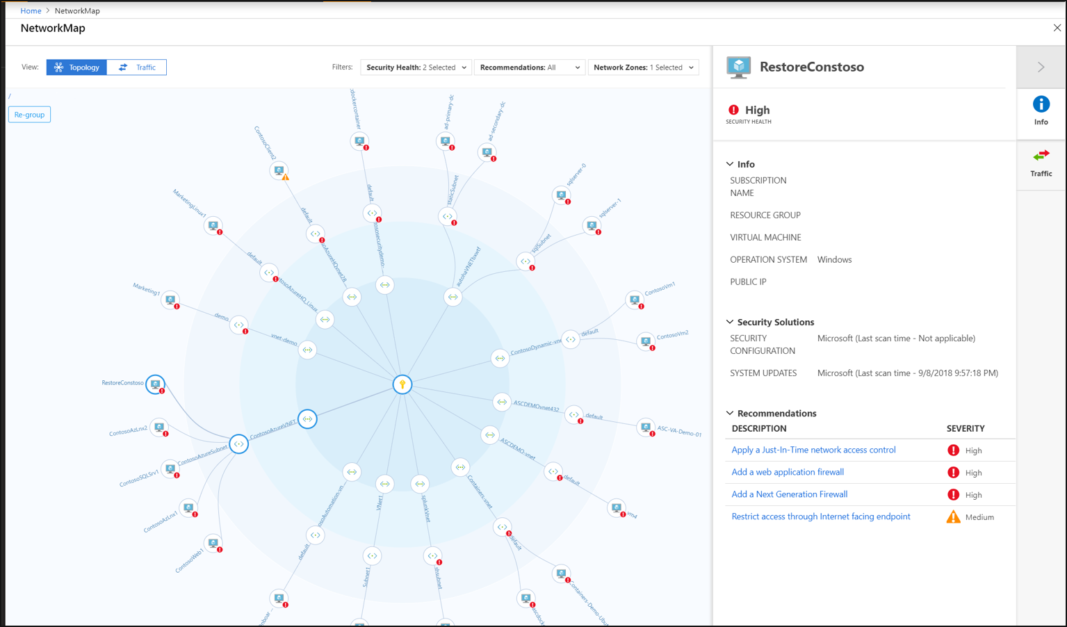 Screenshot of the Defender for Cloud networking topology map.