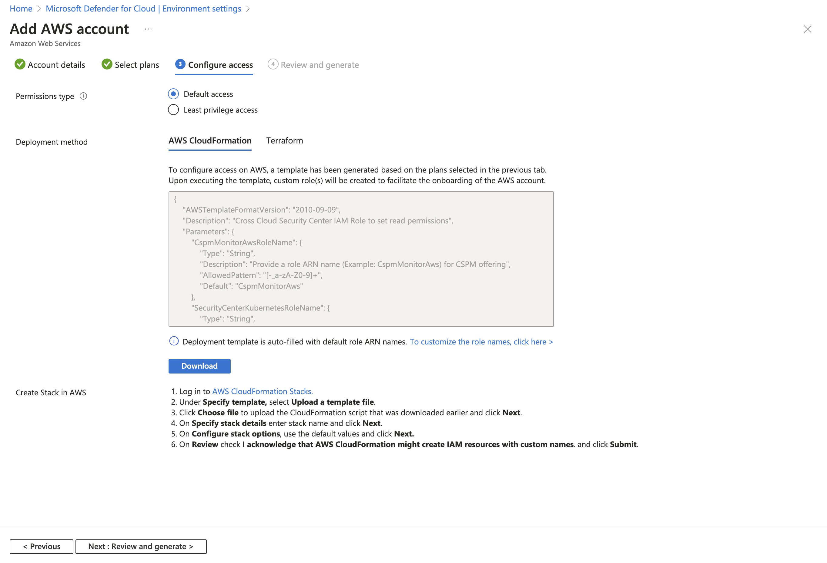 Screenshot that shows deployment options and instructions for configuring access.