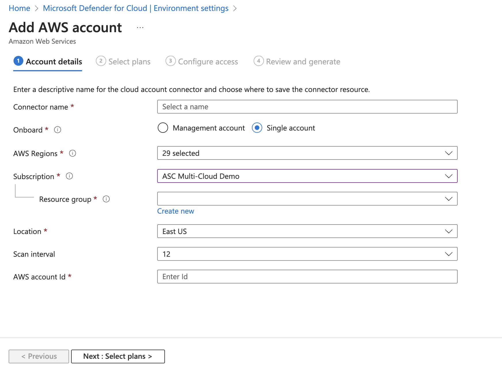 Screenshot that shows the tab for entering account details for an AWS account.