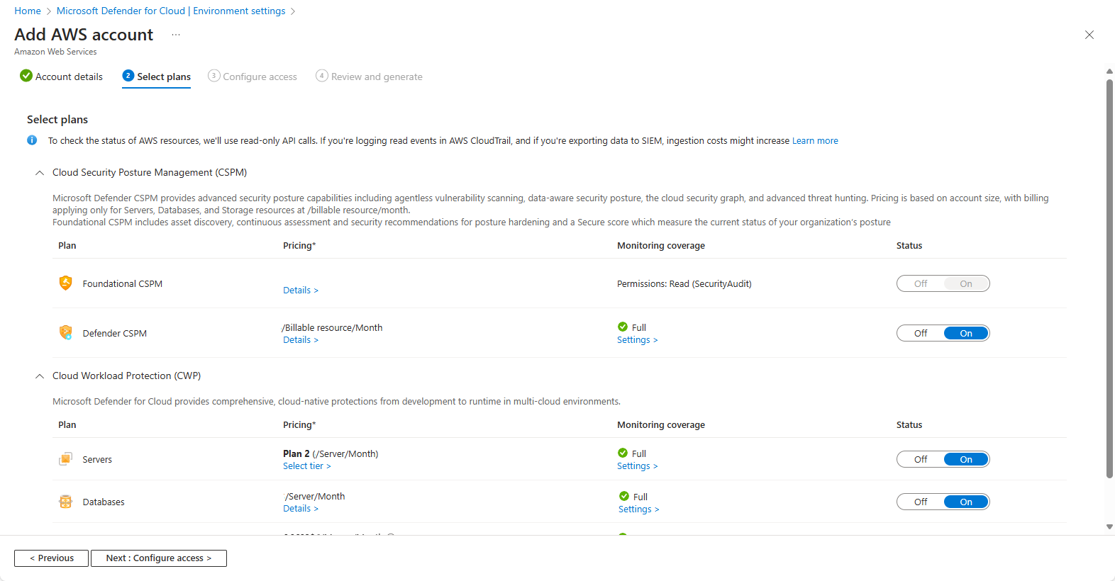 Screenshot that shows the tab for selecting plans for an AWS account.