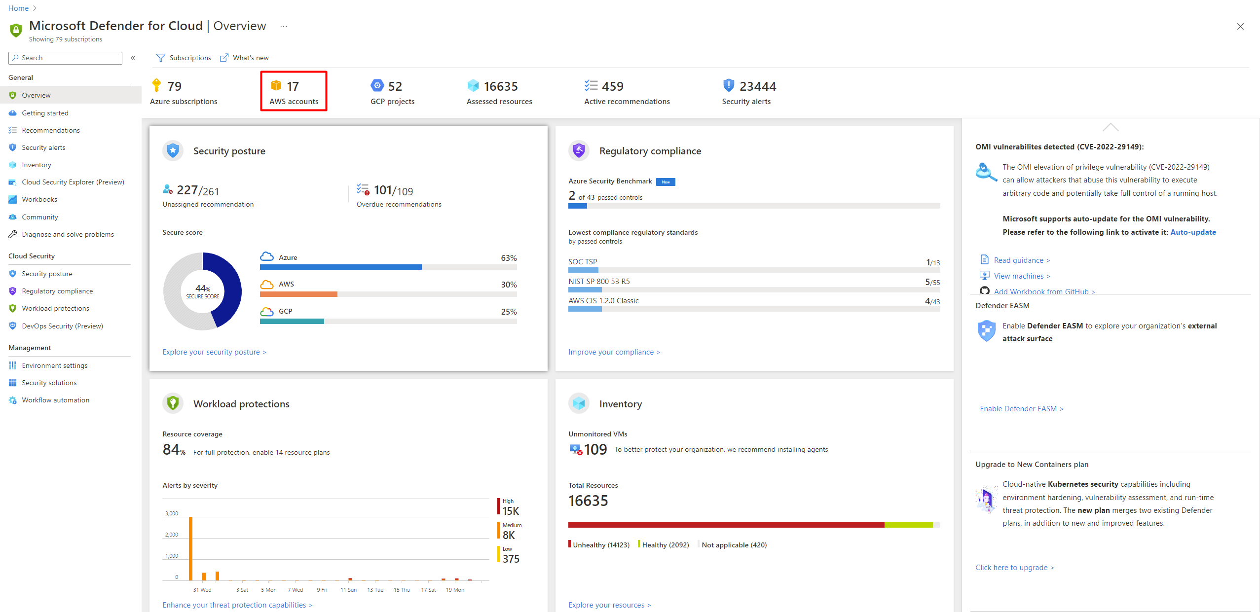 Screenshot that shows four AWS projects listed on the overview dashboard in Defender for Cloud.