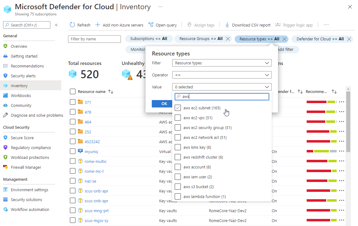 Screenshot of AWS options in the asset inventory page's resource type filter.