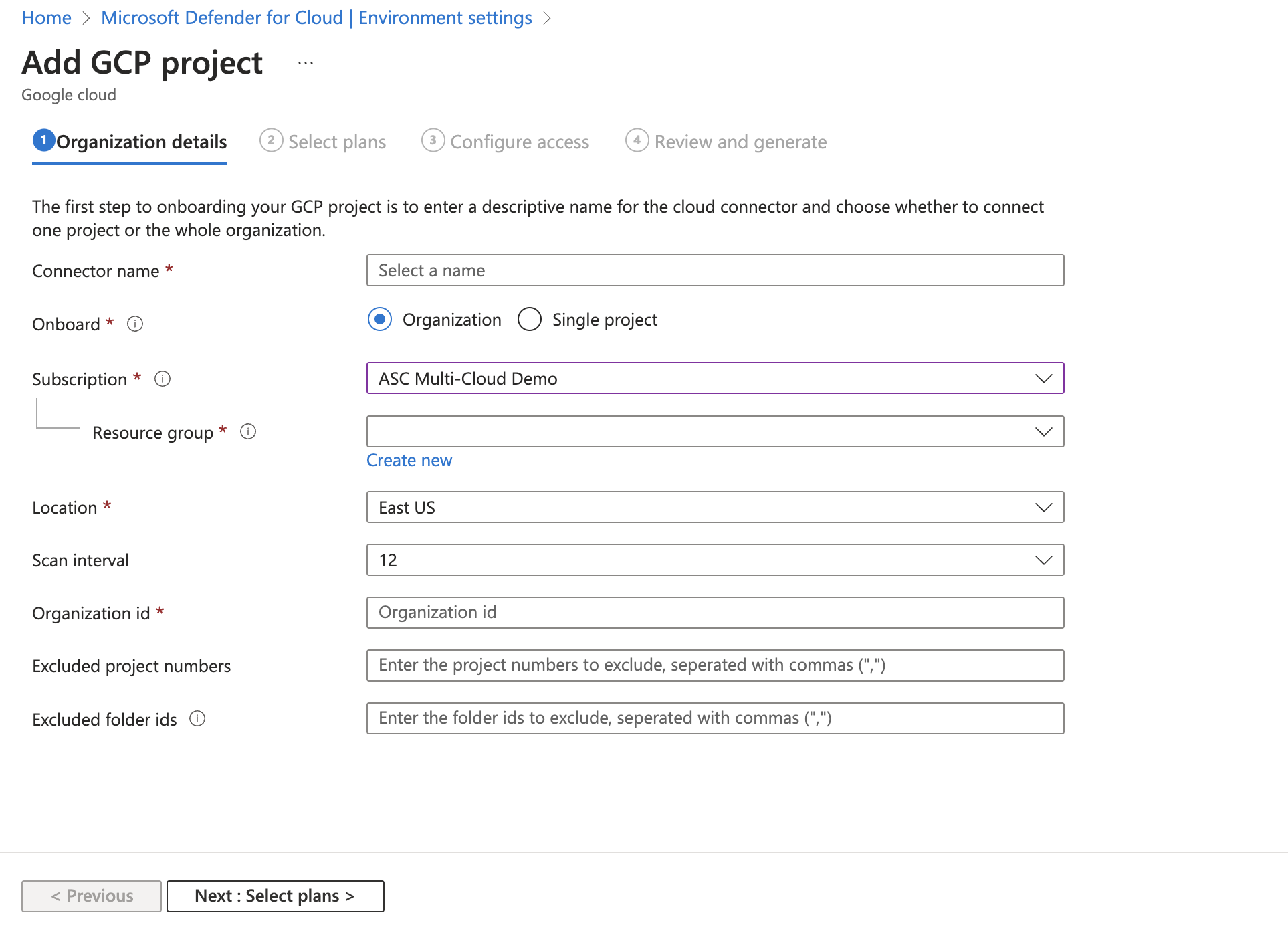 Screenshot of the organization details page of the GCP organization onboarding process.