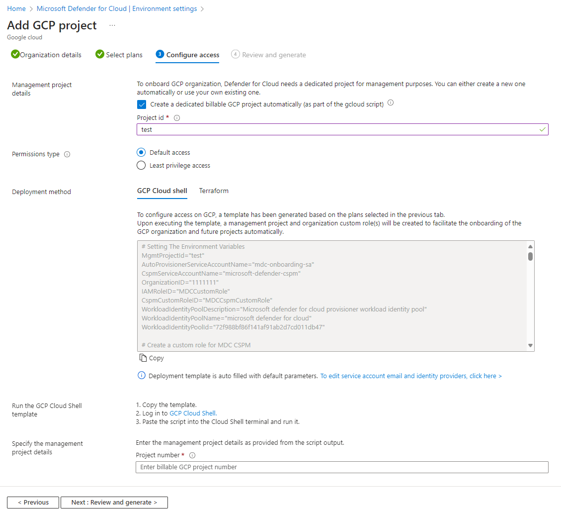 Screenshot of the Configure access screen between Defender for Cloud and your GCP organization.