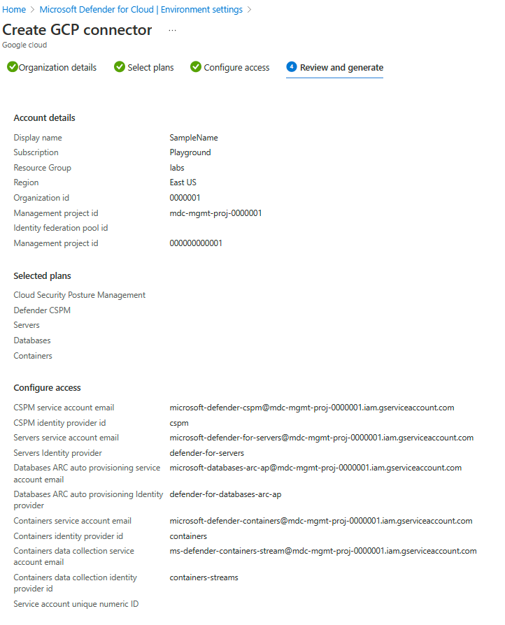 Screenshot of the review and generate screen with all of your selections listed for your organization.