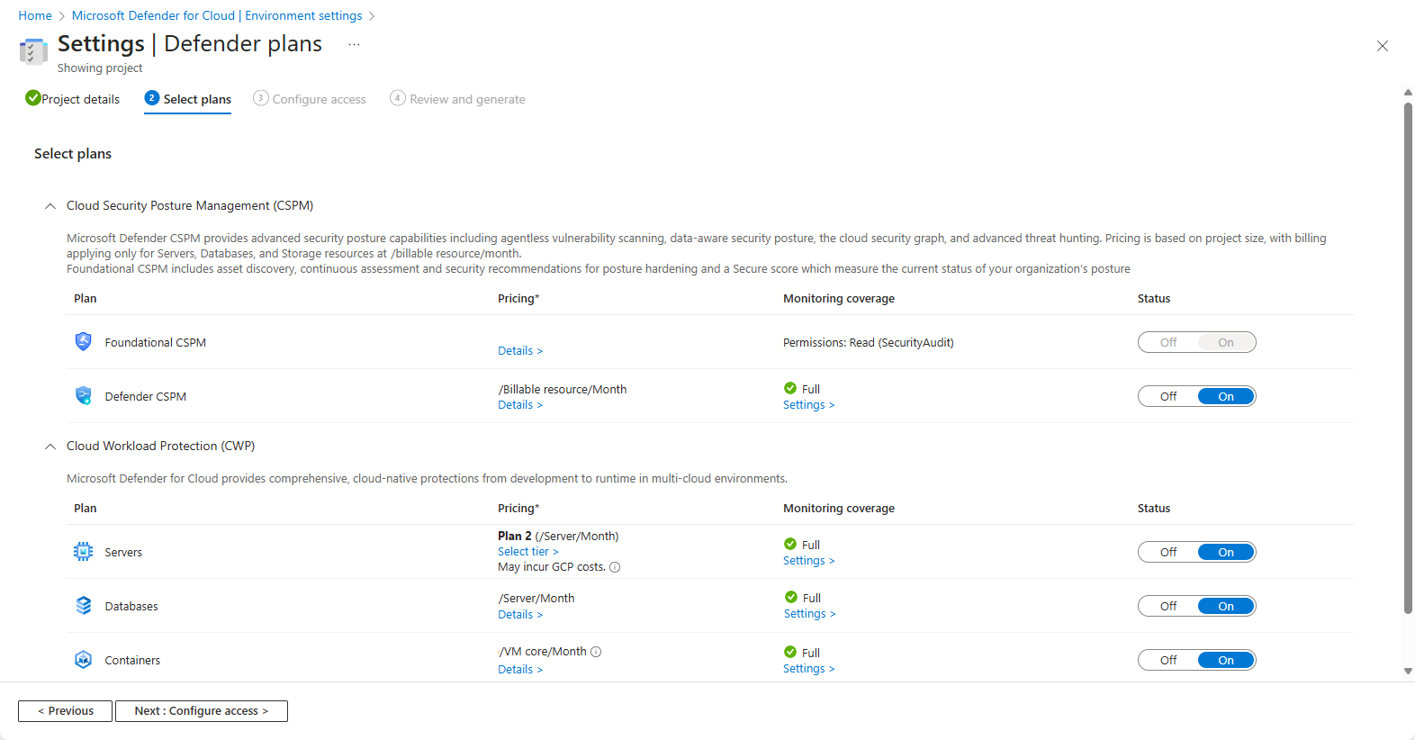 Screenshot of the available plans you can enable for your GCP project.