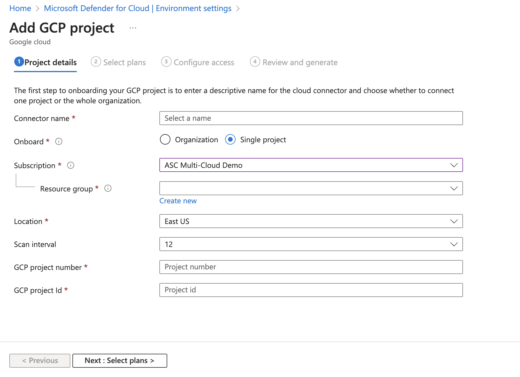 Screenshot of the organization details page of the GCP project onboarding process.