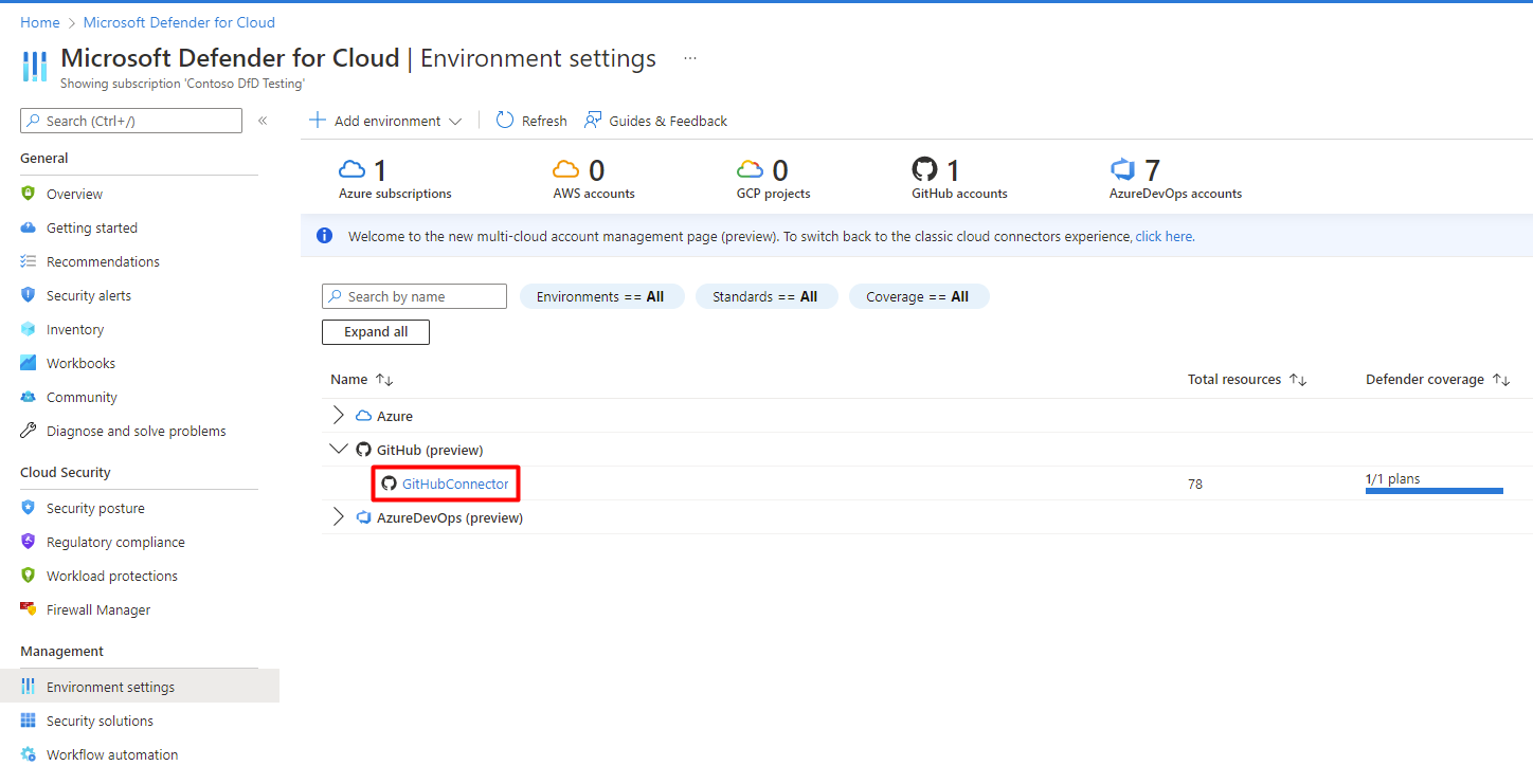 Screenshot that shows the environment settings page with the GitHub connector now connected.